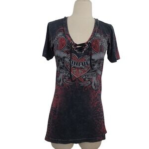 Y2K Sinful By Affliction Lace Up Top Sz M Black Red Tattoo Biker Grunge USA Made